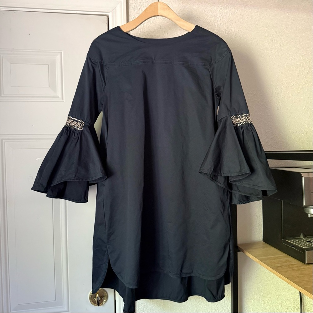 TEIJA navy blue cotton embroidered stitch boat 3/4 long bell sleeve mini dress‎